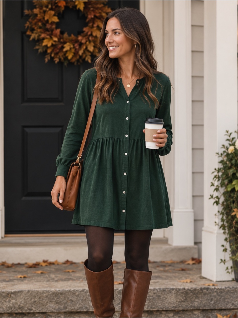 Forest Green Button-Front Long Sleeve Tunic/Dress